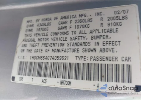 2007 Honda Accord 3.0 Se z USA, uszkodzony, nr VIN 1HGCM66407A059621